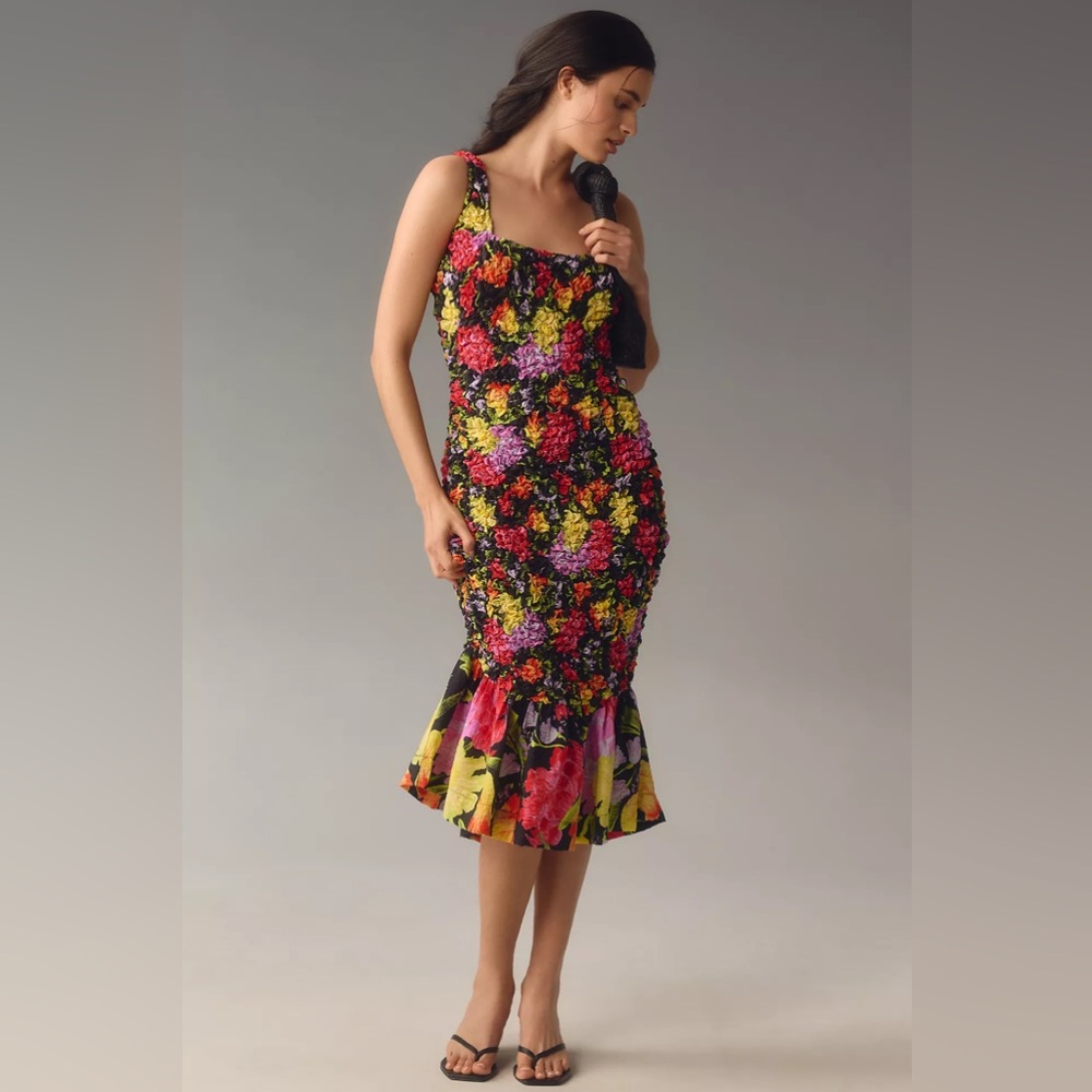 Yukiko Noritake Floral Square-Neck Pebble-Smocked Dress